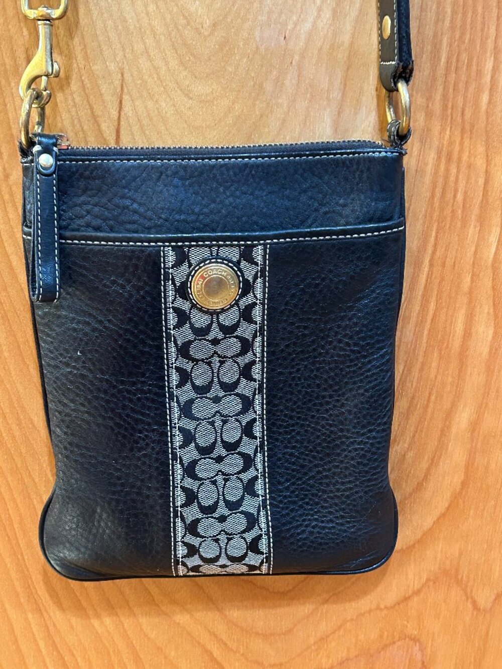 Coach Vintage Black Pebbled Leather & Signature Monogram Canvas Stripe Swingpack